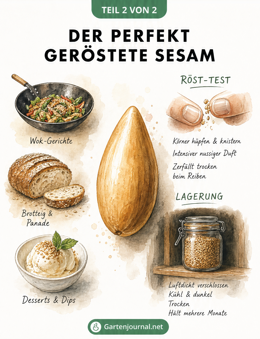 Illustration zur Sensorik, Lagerung und Verwendung von geröstetem Sesam