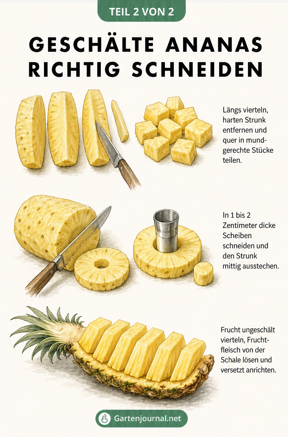 Illustration: Geschälte Ananas in Stücke, Scheiben oder als dekoratives Schiffchen schneiden