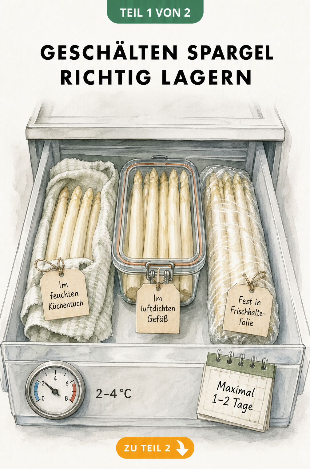 Illustration einer Kühlschublade mit drei Bündeln geschältem Spargel, gelagert in feuchtem Küchentuch, luftdichtem Glasgefäß und Frischhaltefolie bei 2-4 Grad.