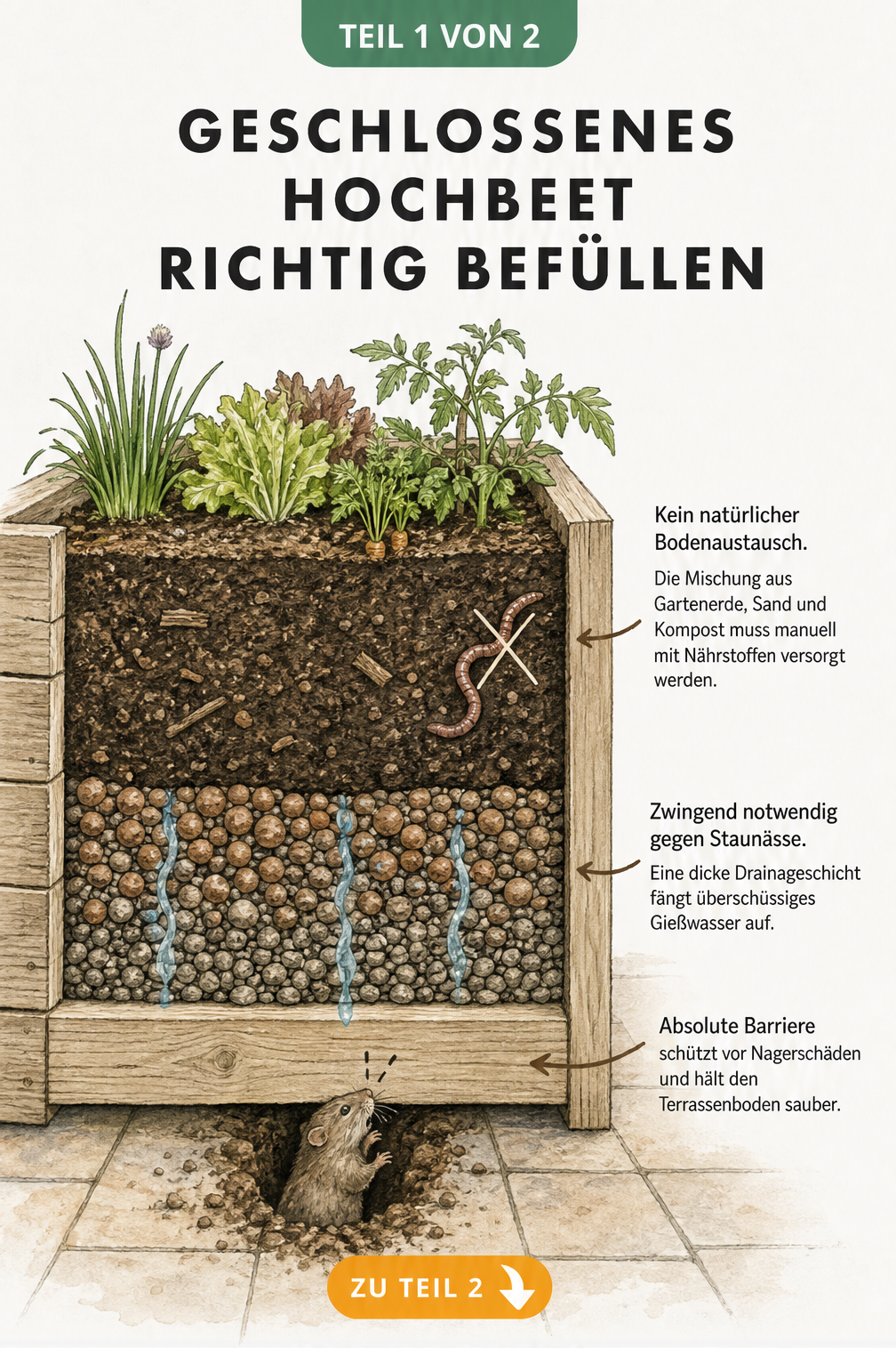 Schnittdarstellung eines geschlossenen Hochbeetes mit Schichtaufbau, Holzboden, Drainageschicht und Erde