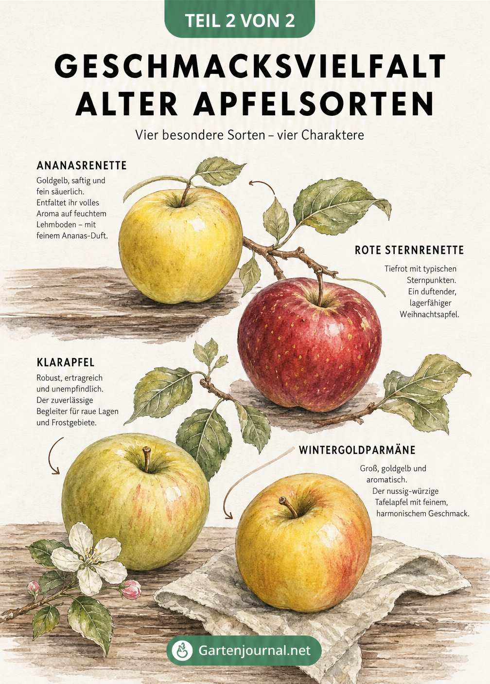 Illustration von vier alten Apfelsorten: Ananasrenette, Rote Sternrenette, Klarapfel und Wintergoldparmäne mit ihren Eigenschaften