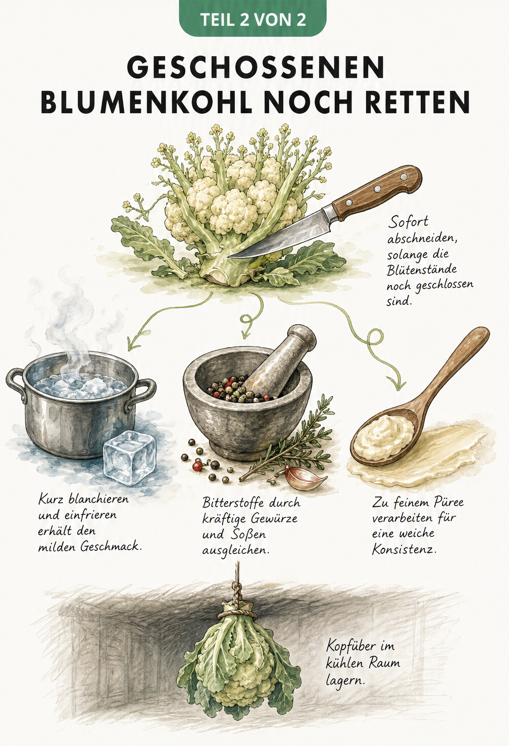 Illustration zur Rettung von geschossenem Blumenkohl: Ernte, Blanchieren, Würzen und Pürieren sowie kühle Lagerung.