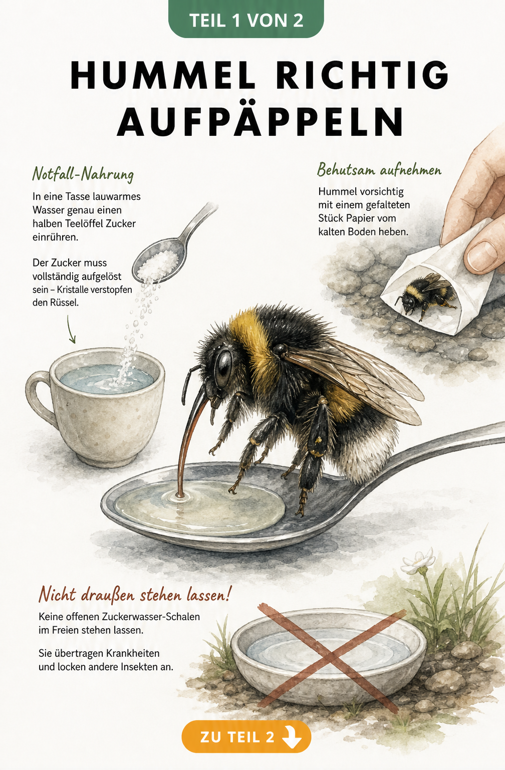 Illustration einer Hummel in Kältestarre auf welkem Blatt und einer erschöpften Hummel auf grauem Untergrund