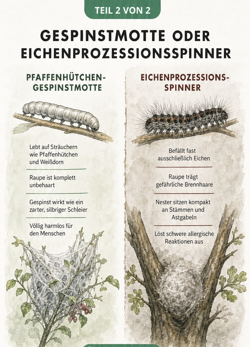 Gegenüberstellung der harmlosen Pfaffenhütchen-Gespinstmotte und des gefährlichen Eichenprozessionsspinners mit Merkmalen