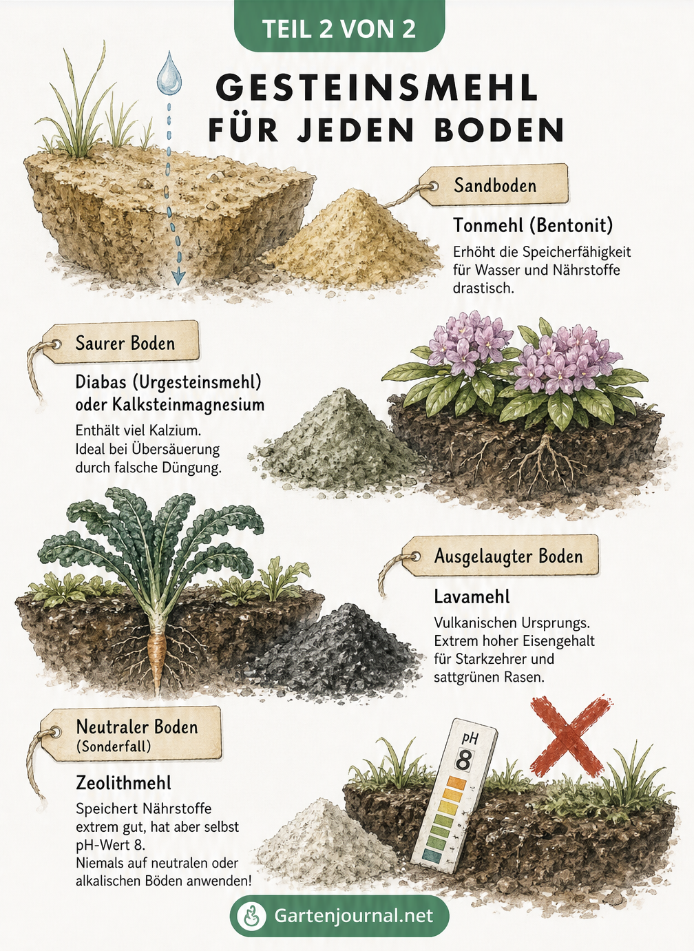 Vier verschiedene Bodenarten mit den passenden Gesteinsmehlen: Sandboden, saurer Boden, ausgelaugter Boden und neutraler Boden