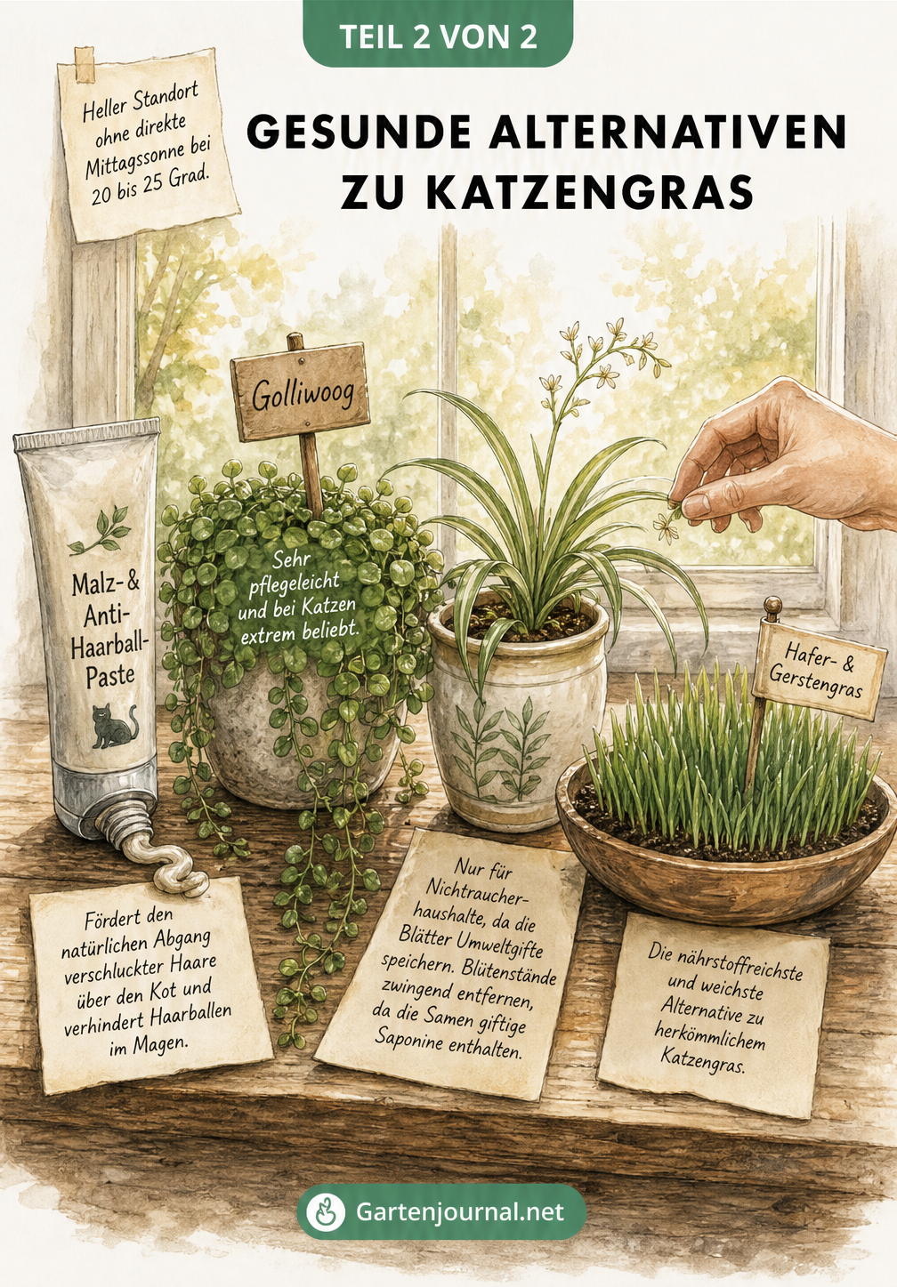 Illustration von gesunden Alternativen zu Katzengras wie Malzpaste, Golliwoog und Grünlilie