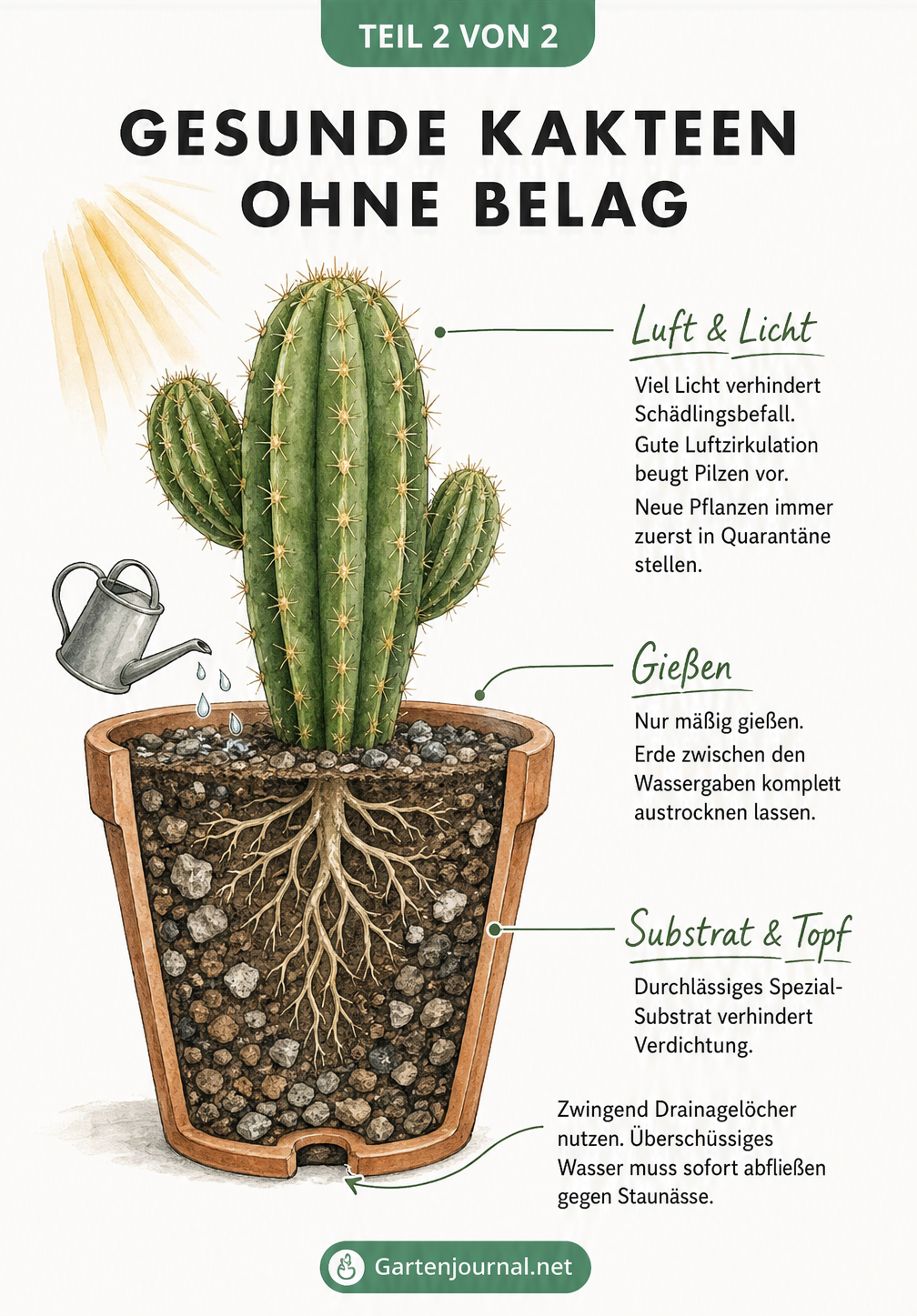 Querschnitt eines gesunden Kaktus im Topf mit Hinweisen zu Licht, Gießen und durchlässigem Substrat