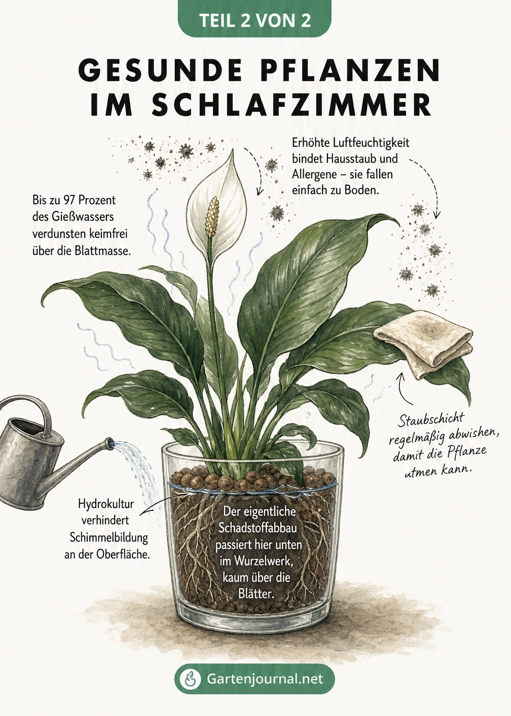 Illustration einer Einblatt-Pflanze in Hydrokultur, die zeigt, wie Wurzeln Schadstoffe abbauen und Blätter die Luftfeuchtigkeit erhöhen