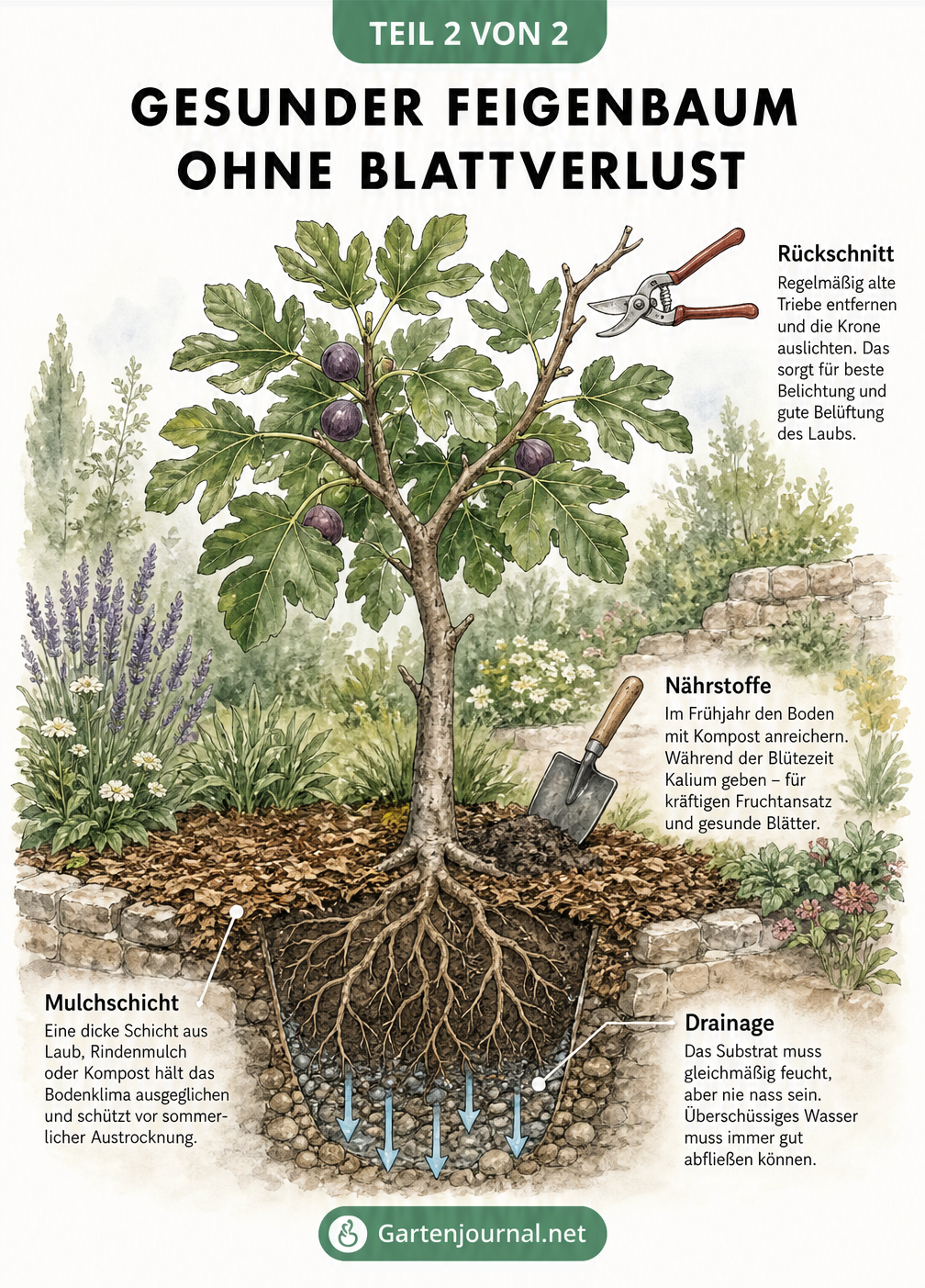 Illustration eines gesunden Feigenbaums im Gartenbeet mit Visualisierungen zu Mulchschicht, Drainage, Nährstoffgabe und Rückschnitt.