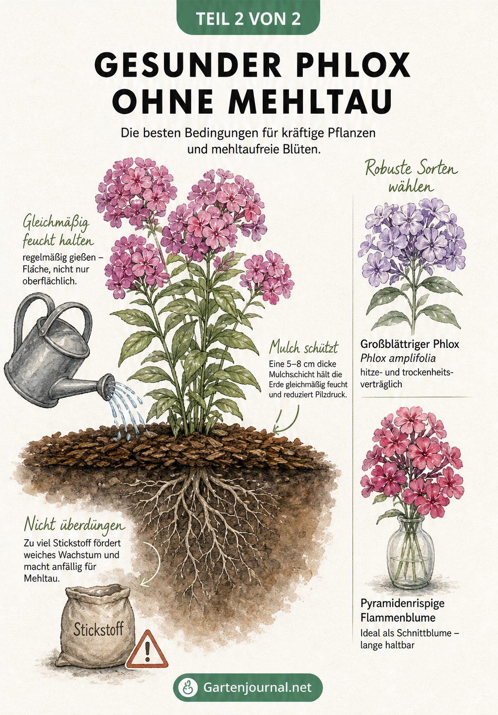 Querschnitt eines Beetes mit gesundem Phlox, Mulchschicht, Gießkanne und mehltauresistenten Sorten wie Phlox amplifolia.