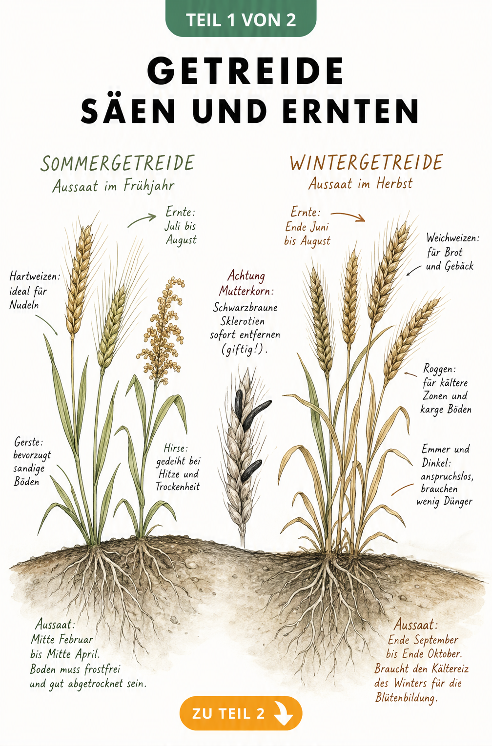 Aquarell-Infografik zeigt den Jahreslauf von Sommer- und Wintergetreide mit Aussaat- und Erntezeiten sowie Sorten wie Hartweizen, Gerste und Roggen.