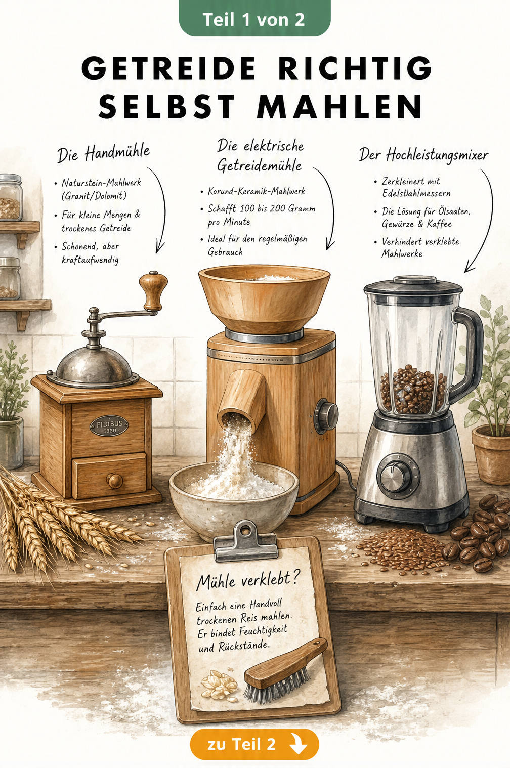 Illustration einer rustikalen Küchenzeile mit Handmühle, elektrischer Getreidemühle und Hochleistungsmixer zum Mahlen von Getreide