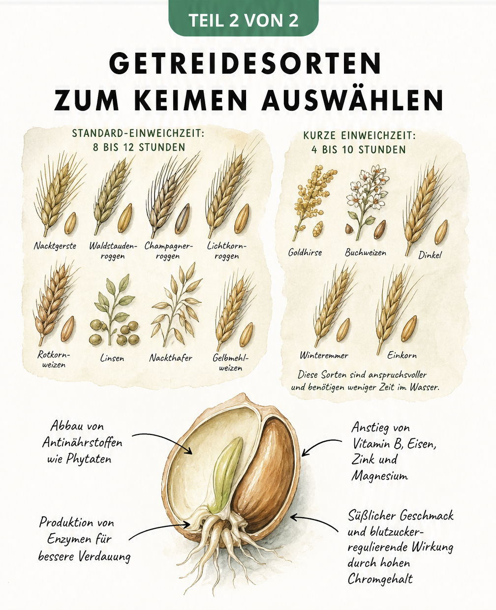 Übersicht verschiedener Getreidesorten zum Keimen mit Einweichzeiten und biochemischen Prozessen im Korn