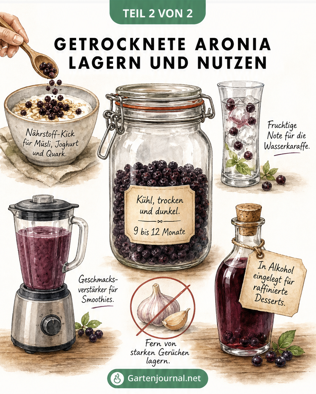 Illustration zur Lagerung und Verwendung von getrockneten Aroniabeeren in einem Apothekerglas sowie in Müsli, Wasser, Smoothies und Desserts.