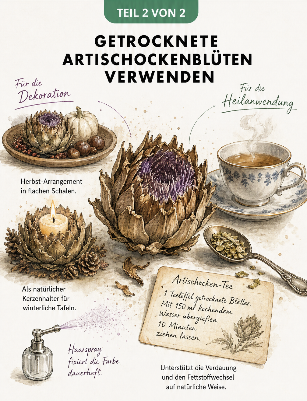 Illustration zur Verwendung getrockneter Artischockenblüten als Herbstdekoration, Kerzenhalter und als gesunder Tee