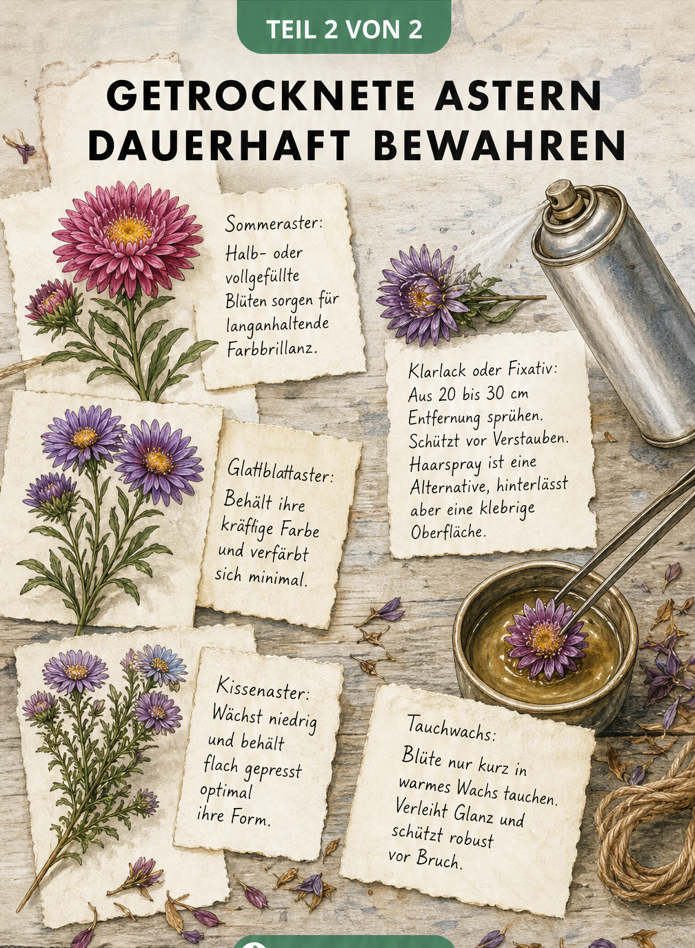 Illustration verschiedener Asternarten und Methoden zur Versiegelung mit Klarlack oder Tauchwachs