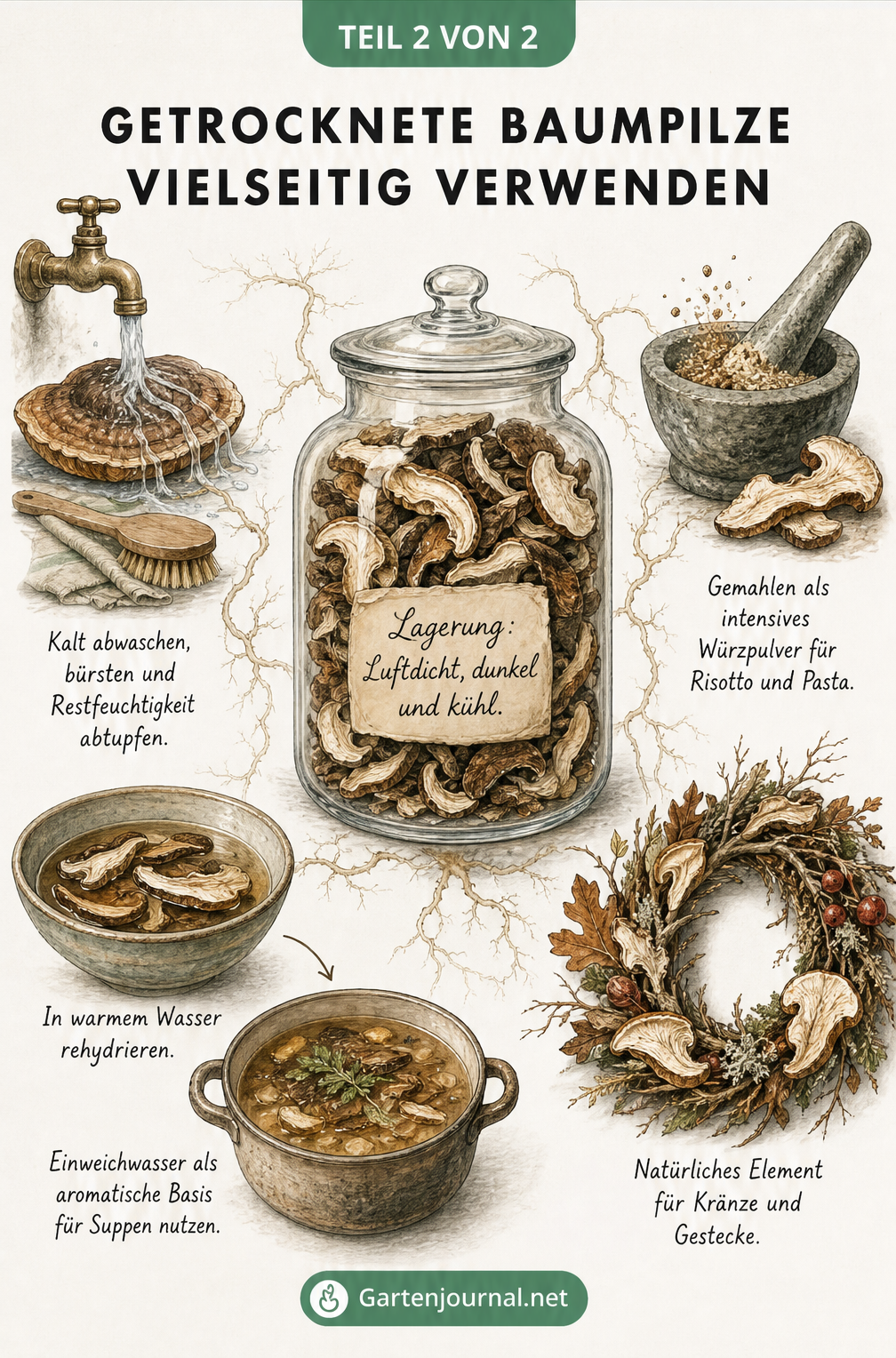 Illustration eines Apothekerglases mit getrockneten Baumpilzen und verschiedenen Verwendungsmöglichkeiten wie Würzpulver, Rehydrieren für Suppen und als...