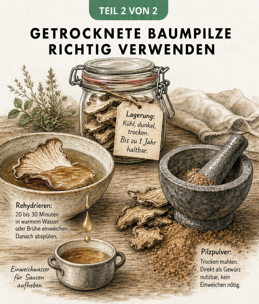 Illustration zur Lagerung und Verwendung von getrockneten Baumpilzen durch Rehydrieren oder Mahlen