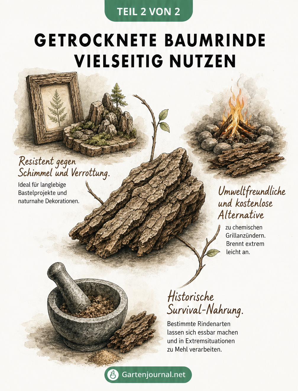 Zeichnung von getrockneter Baumrinde und ihren Verwendungszwecken: Basteln von Bilderrahmen, als Grillanzünder und als Survival-Nahrung.
