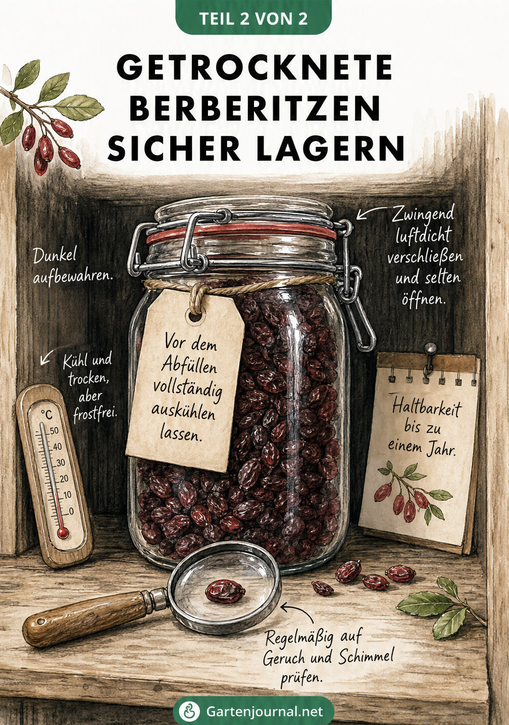 Querschnitt eines Vorratsregals mit einem Bügelglas voller getrockneter Berberitzen und Hinweisen zur Lagerung