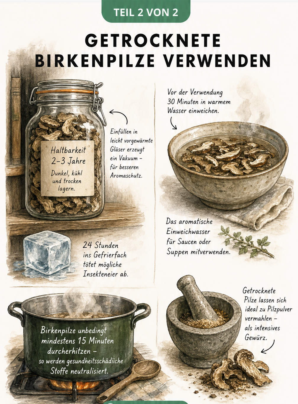 Illustration zur Lagerung und Verwendung getrockneter Birkenpilze: Einmachglas im dunklen Regal, Einweichen in Wasser, Kochen im Topf und Mörser für Pilzpulver.