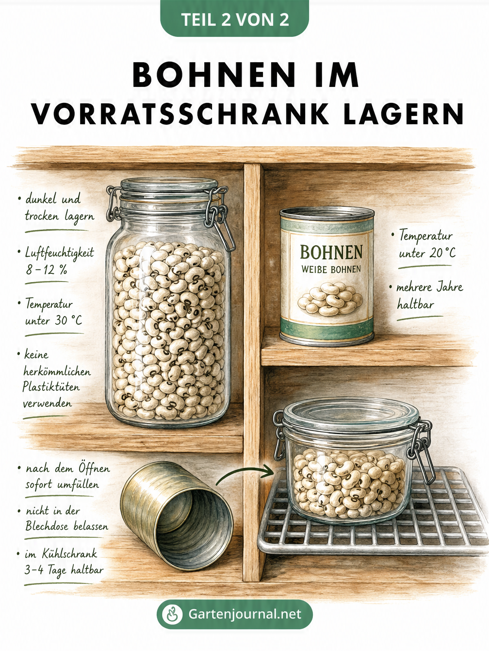 Aquarellzeichnung eines Speisekammerregals mit getrockneten Bohnen im Drahtbügelglas und Bohnenkonserven