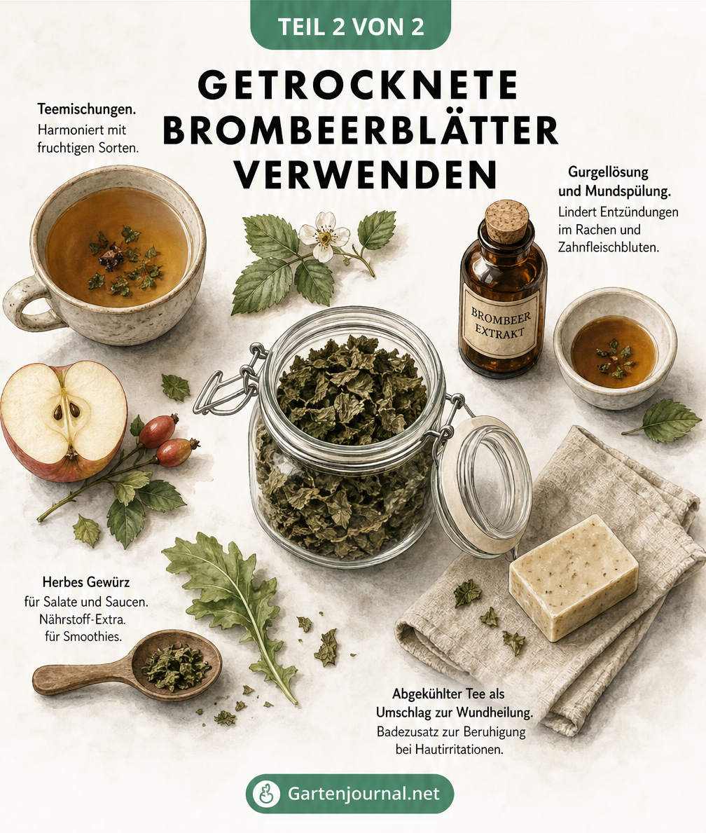 Aquarell-Illustration zur Verwendung getrockneter Brombeerblätter in Küche und Naturheilkunde
