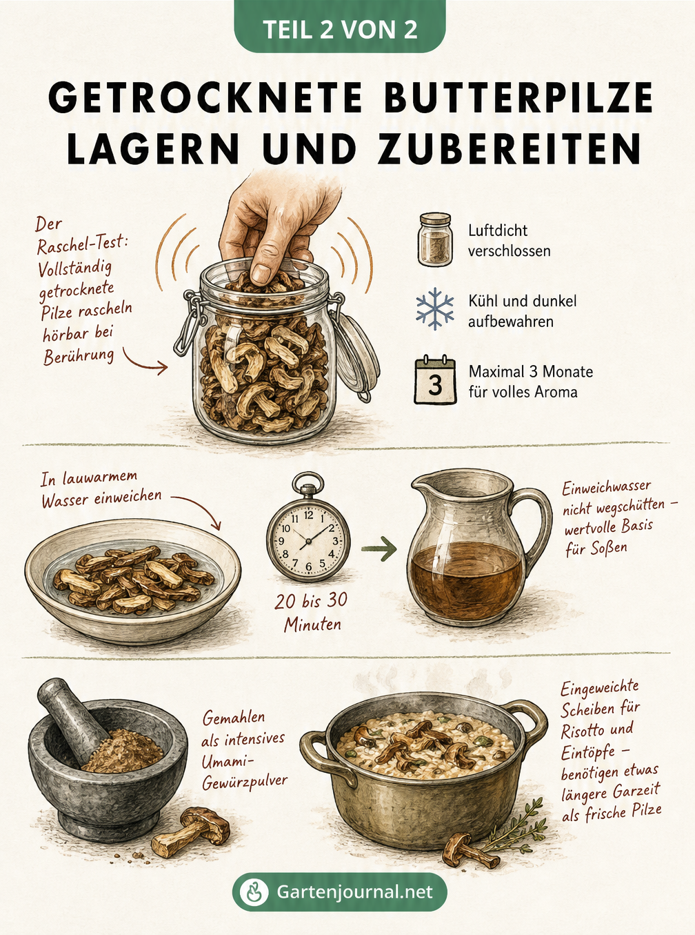Illustration zur Lagerung und Zubereitung von getrockneten Butterpilzen: Raschel-Test im Glas, Einweichen in Wasser und Verwendung als Gewürzpulver