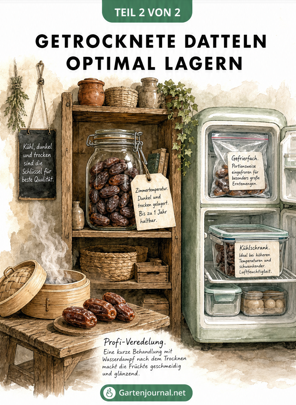 Illustration zur optimalen Lagerung von getrockneten Datteln in Vorratskammer, Kühlschrank und Gefrierfach