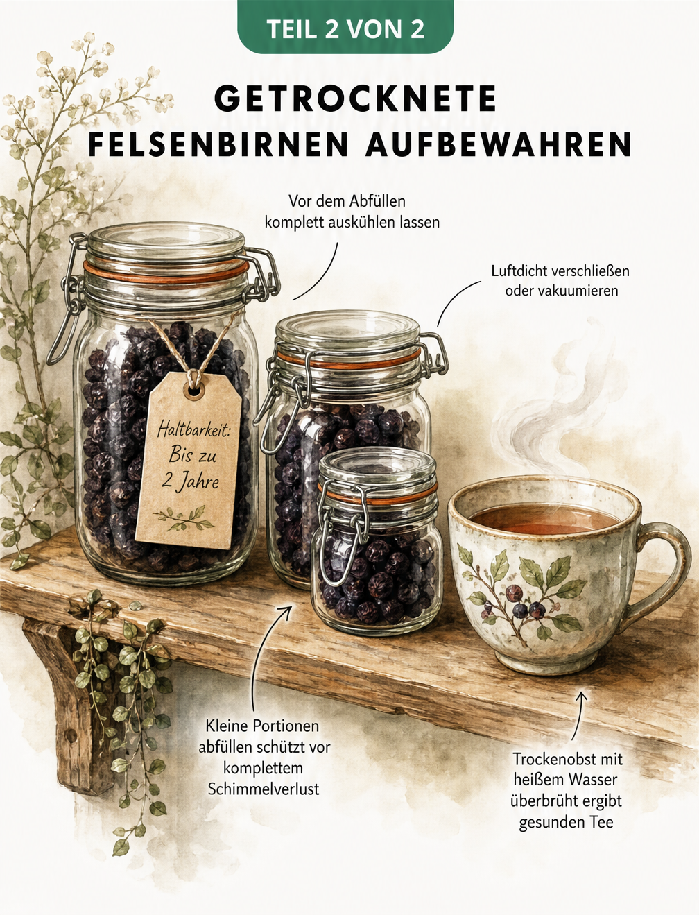 Illustration von drei Einmachgläsern mit Bügelverschluss, gefüllt mit getrockneten Felsenbirnen, auf einem Holzregal