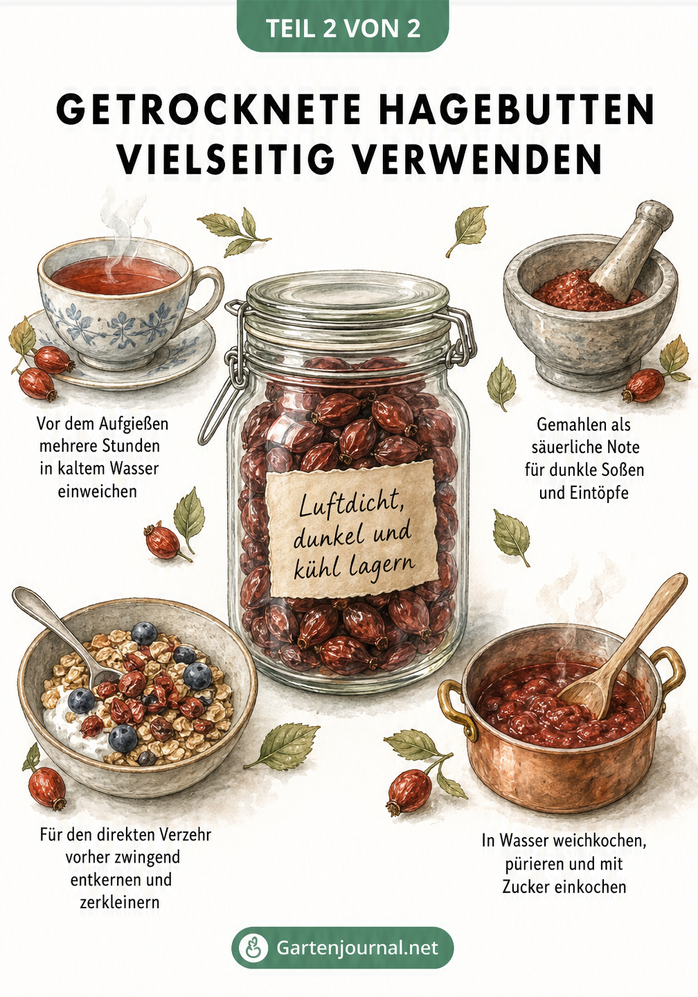 Aquarell-Illustration eines Einmachglases mit getrockneten Hagebutten und vier Verwendungszwecken: Tee, Gewürz, Müsli und Marmelade
