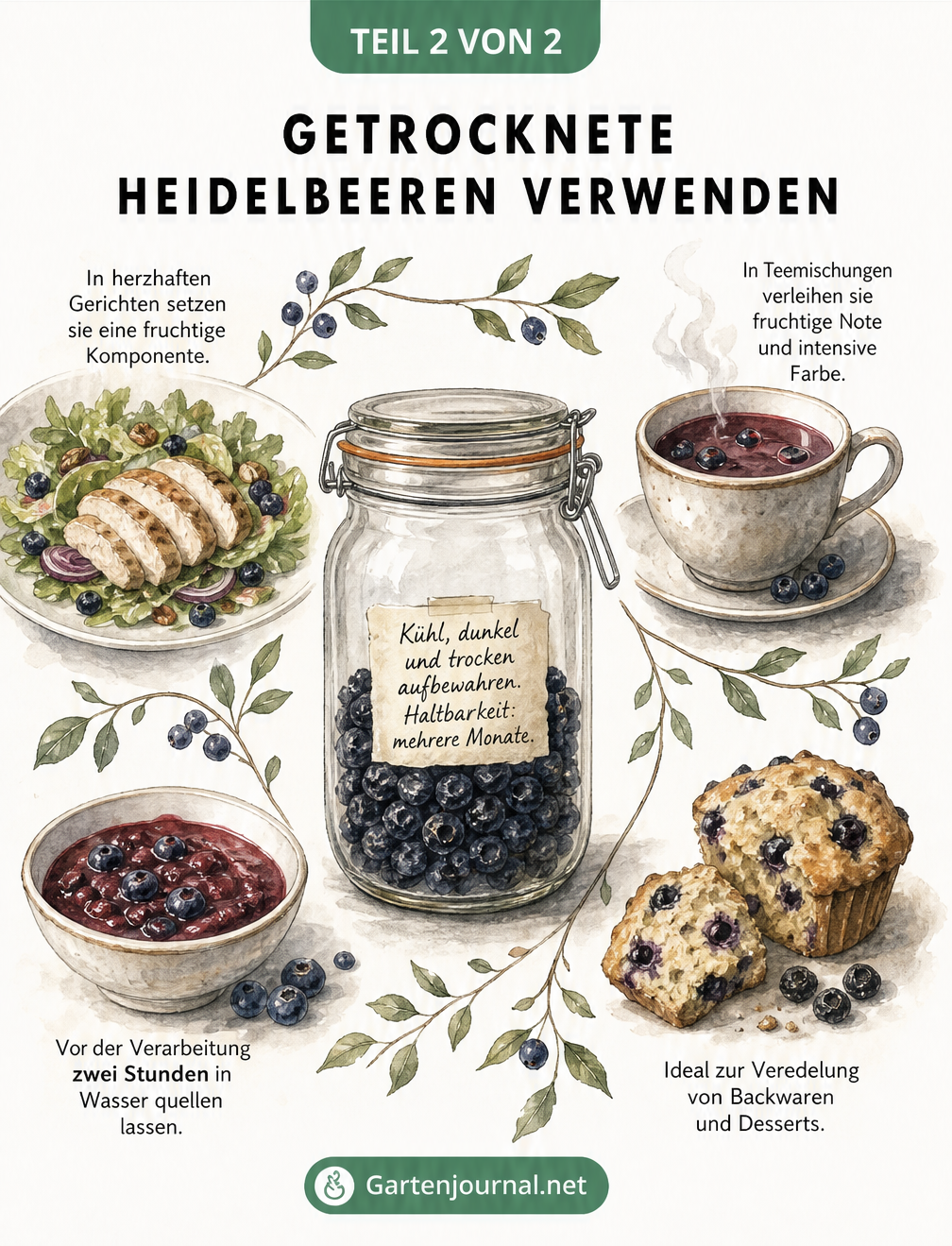 Illustration eines Vorratsglases mit getrockneten Heidelbeeren und vier Anwendungsbeispielen: Tee, Muffins, Rote Grütze und herzhafte Gerichte.