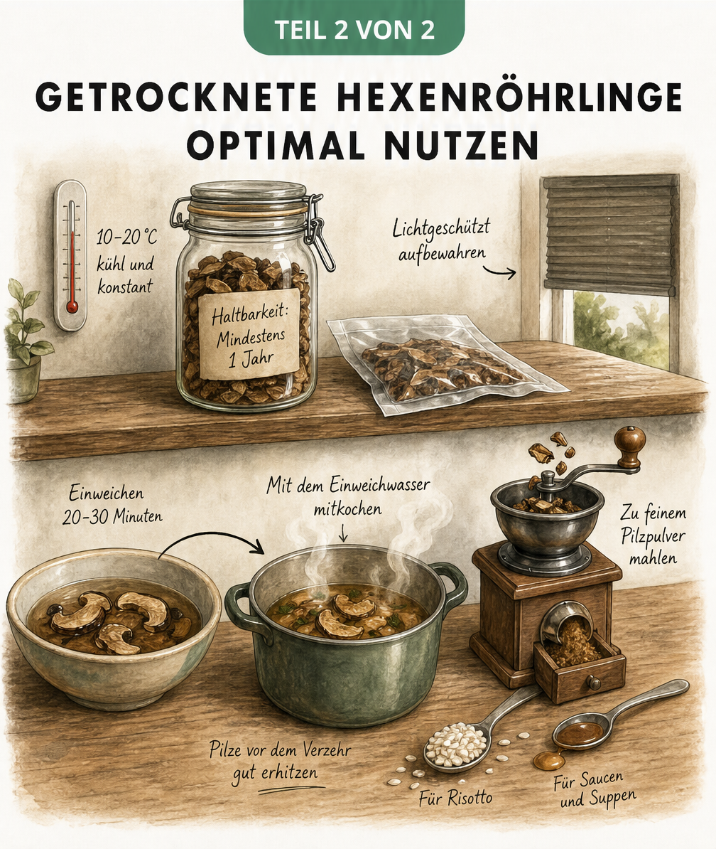 Illustration zur Lagerung von getrockneten Hexenröhrlingen im Schraubglas und deren Verwendung durch Einweichen und Mahlen zu Pilzpulver.