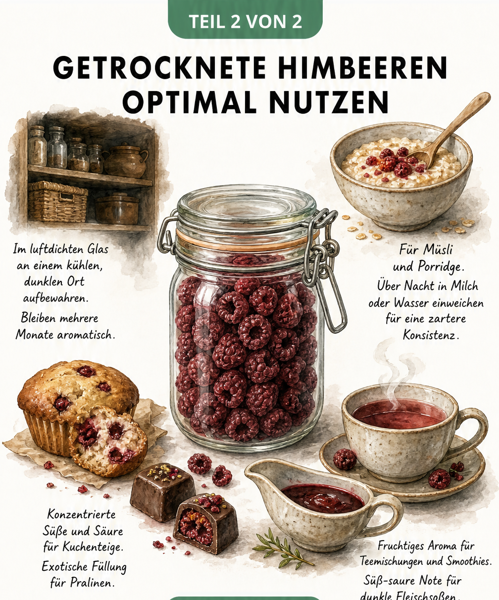 Illustration eines Bügelglases mit getrockneten Himbeeren und vier Verwendungsmöglichkeiten: Lagerung, Frühstück, Backen und Getränke