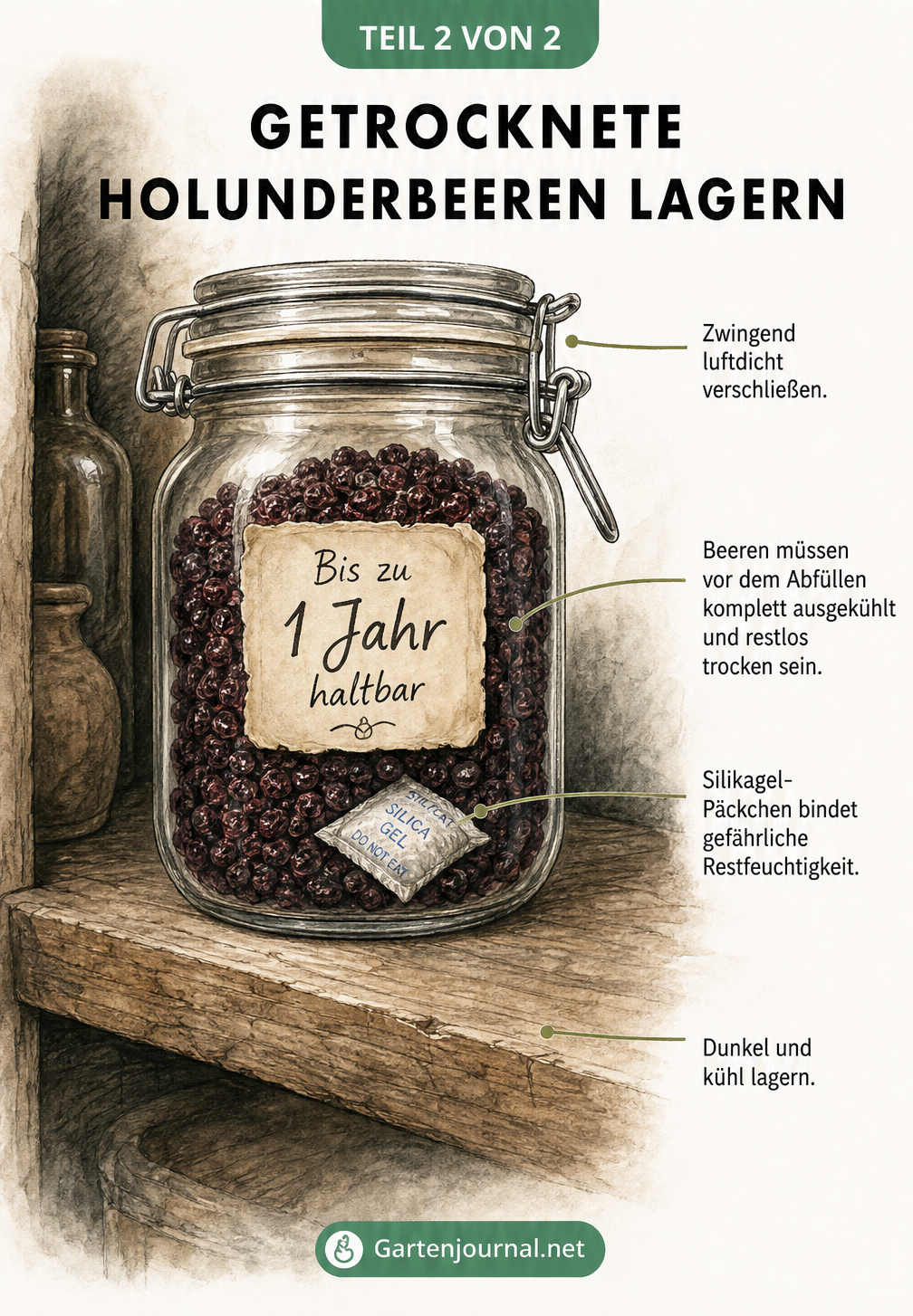 Illustration eines Bügelglases mit getrockneten Holunderbeeren und Tipps zur richtigen Lagerung