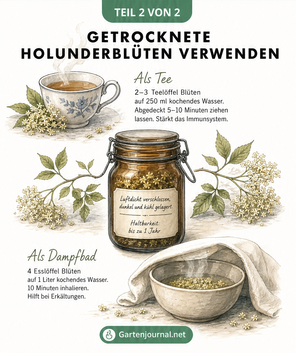 Illustration eines Apothekerglases mit getrockneten Holunderblüten sowie Zubereitung von Tee und Dampfbad