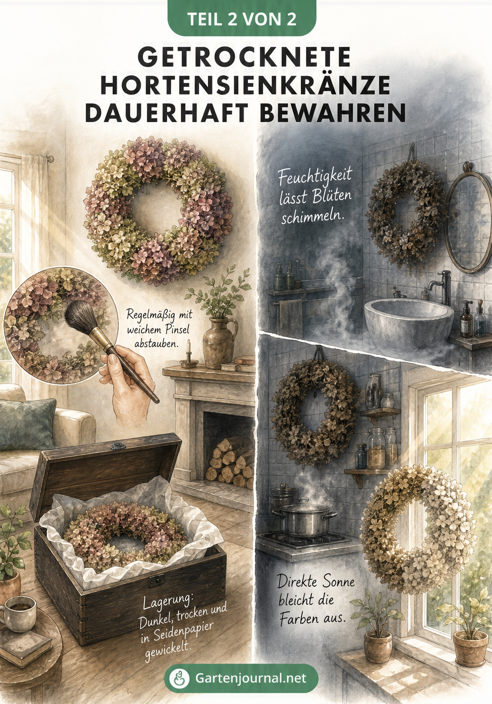 Illustration von idealen und schädlichen Standorten für getrocknete Hortensienkränze