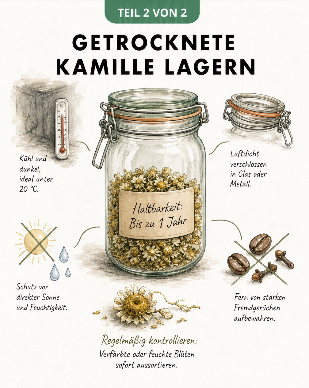 Illustration zur richtigen Lagerung von getrockneten Kamillenblüten in einem Bügelglas.