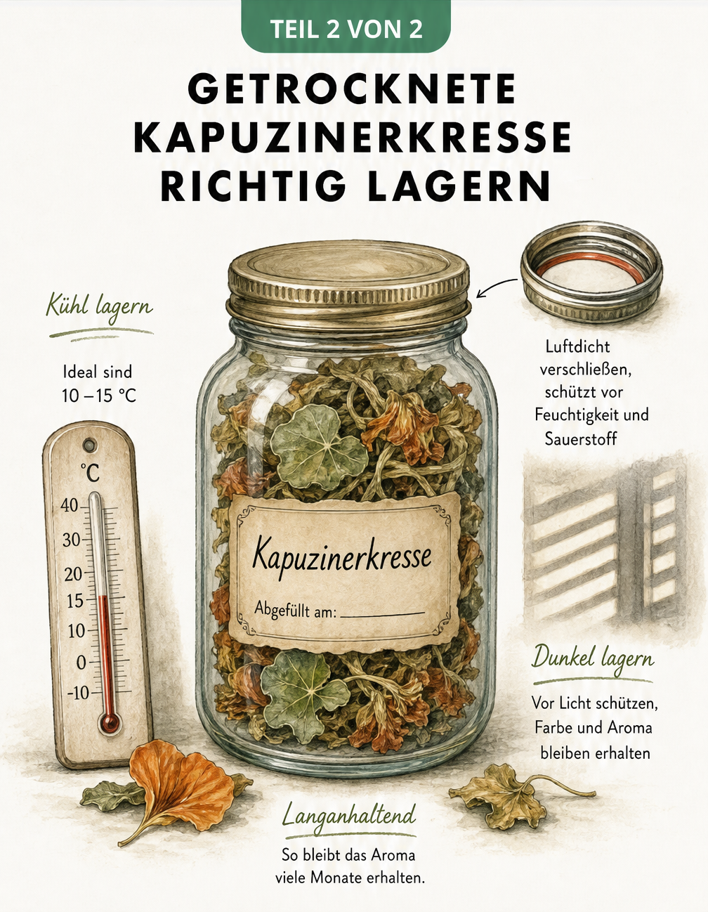 Illustration eines Apothekerglases mit getrockneter Kapuzinerkresse zur richtigen Lagerung