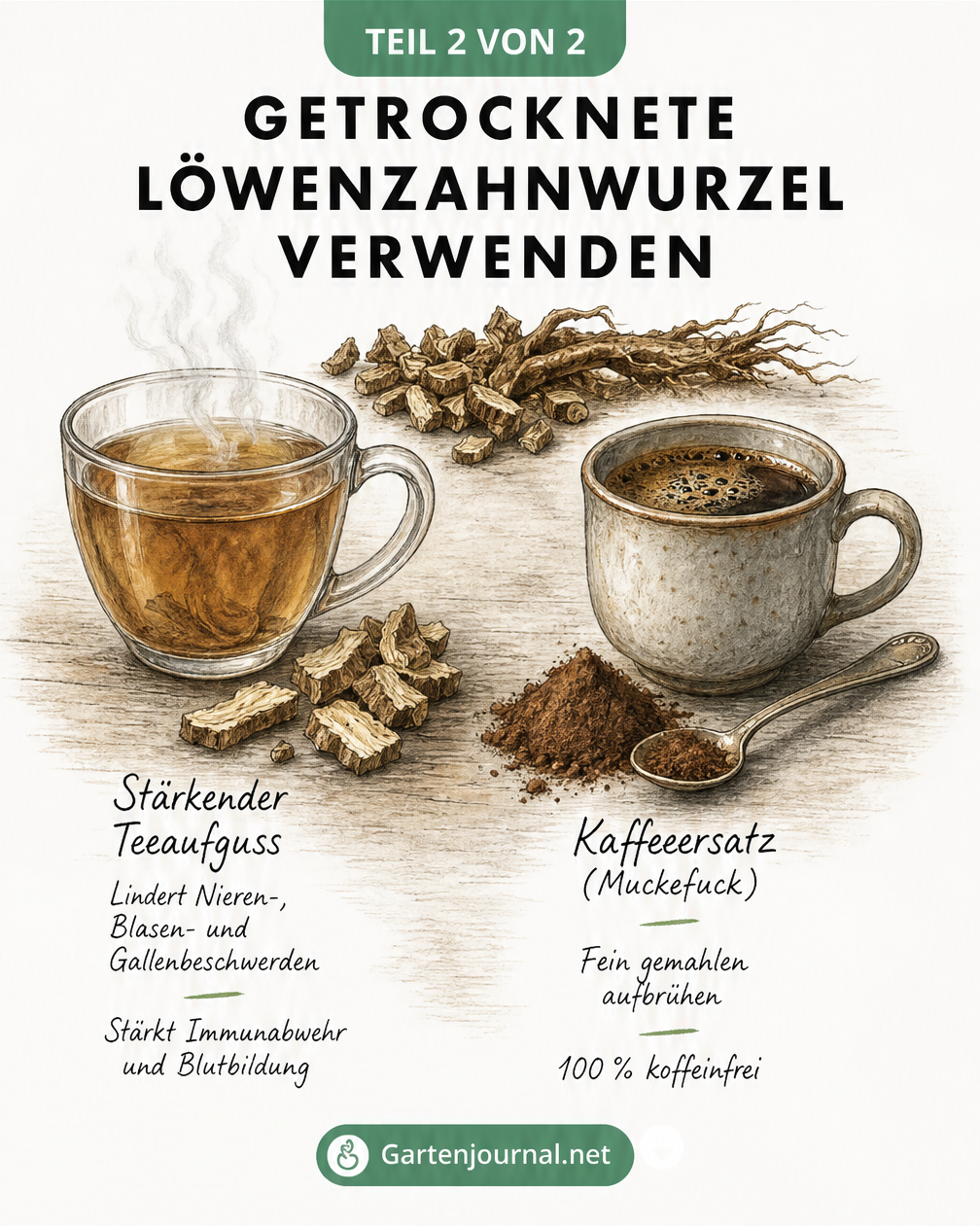 Gezeichnete Darstellung der Verwendung von getrockneter Löwenzahnwurzel als gesunder Teeaufguss und koffeinfreier Kaffeeersatz.