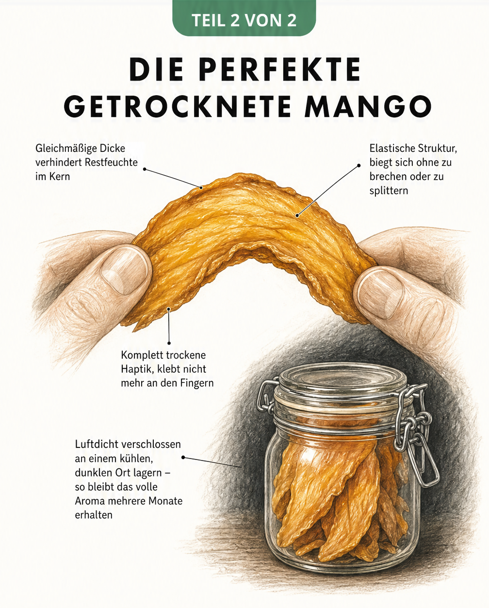 Detaillierte Zeichnung einer getrockneten Mangoscheibe, die gebogen wird, um die elastische Struktur zu zeigen, sowie ein Bügelglas zur Lagerung.