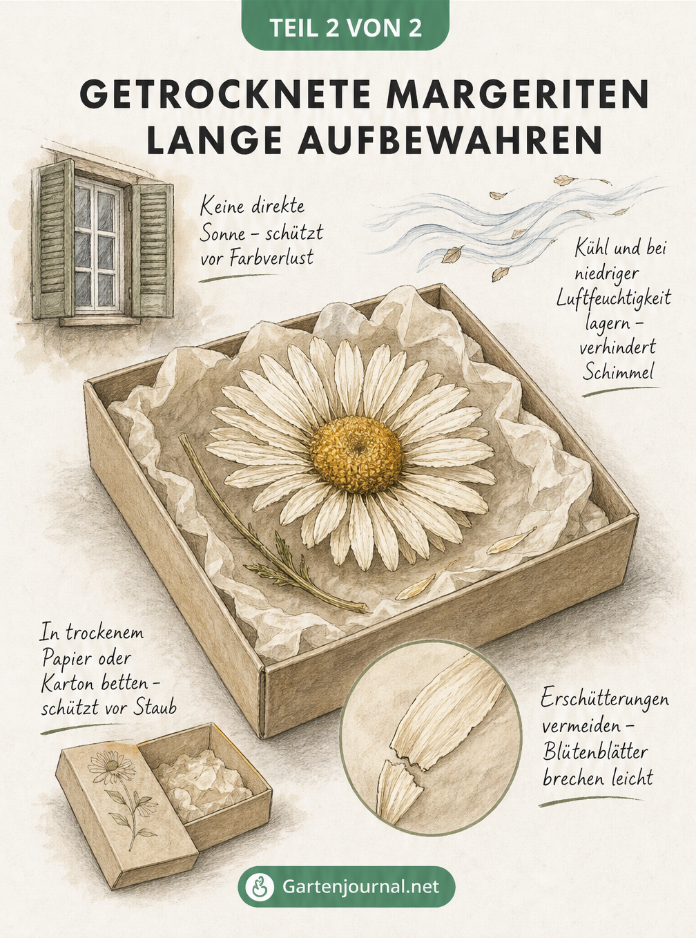 Illustration einer getrockneten Margerite in einer Pappschachtel mit Tipps zur Aufbewahrung