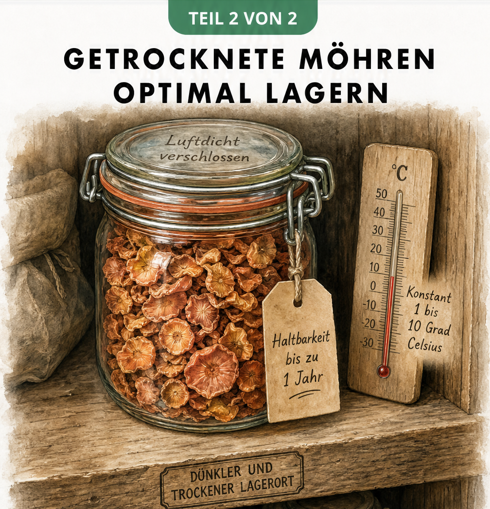Illustration eines Einmachglases mit getrockneten Möhren in einer kühlen Vorratskammer