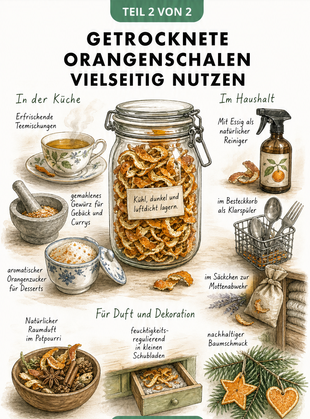 Illustration zur Verwendung getrockneter Orangenschalen für Tee, Gewürze, als Reiniger, Mottenabwehr und Dekoration.