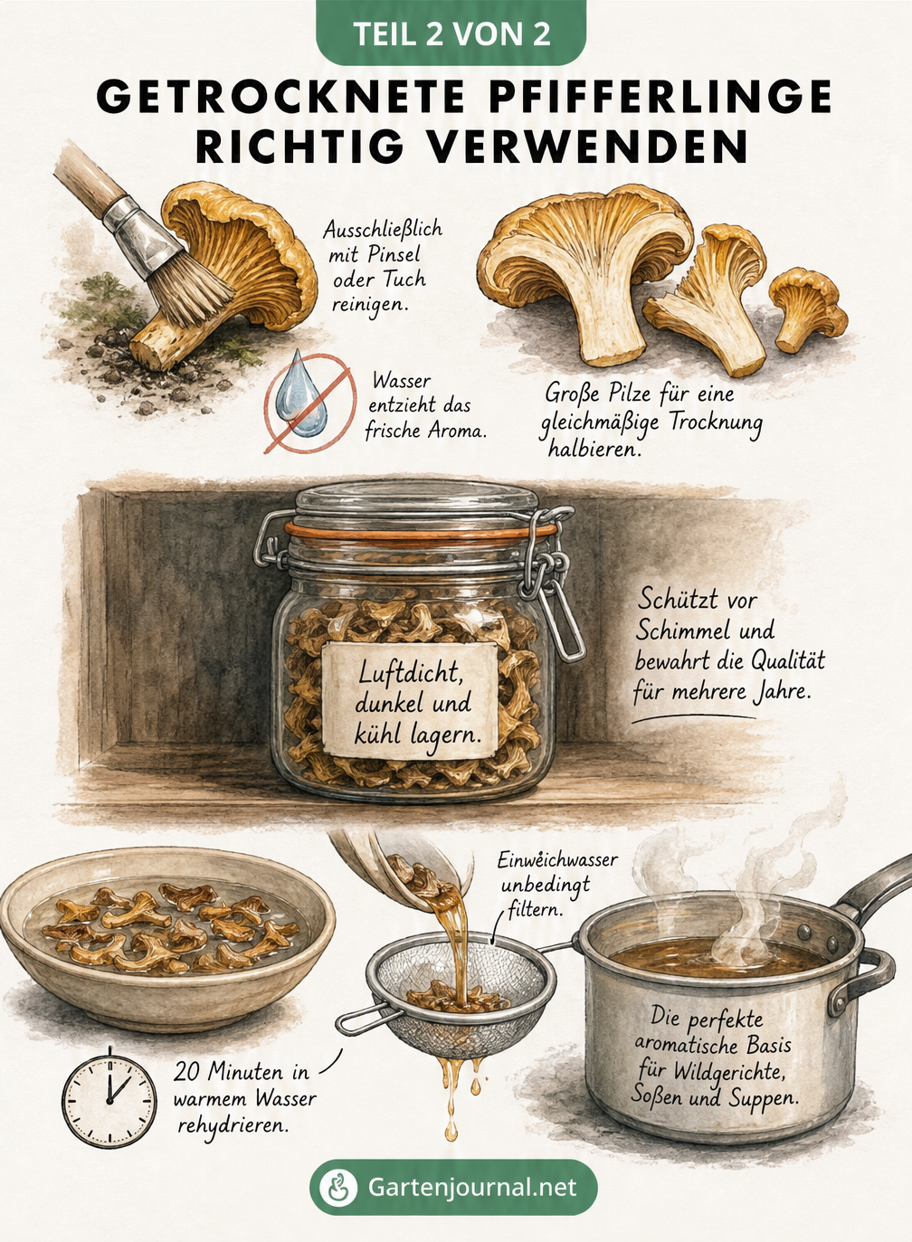 Illustration zur Vorbereitung, Lagerung und Rehydrierung von getrockneten Pfifferlingen.
