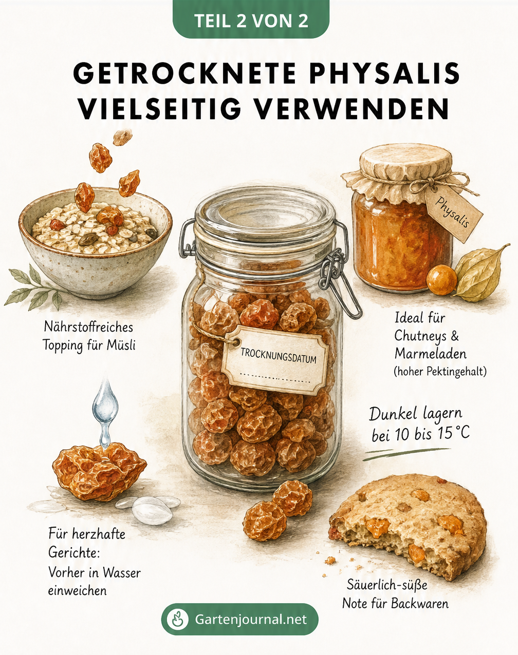 Aquarell-Illustration eines Bügelglases mit getrockneten Physalis und vier Verwendungsmöglichkeiten: als Müsli-Topping, für Marmeladen, in herzhaften Gerichten...