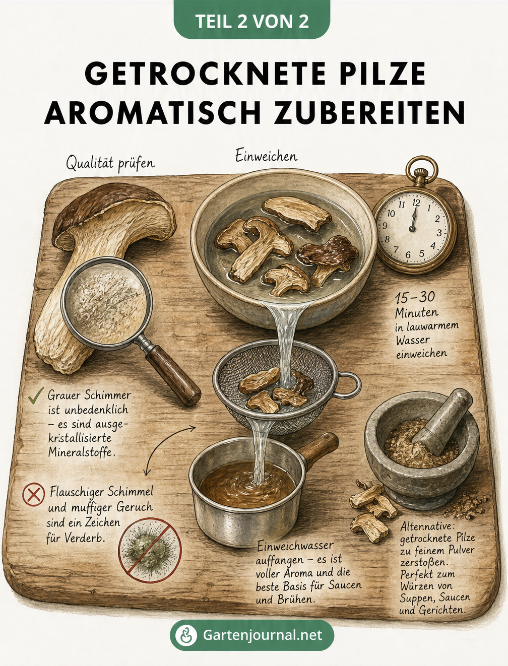 Illustration eines Holzschneidebretts mit getrockneten Pilzen, einer Lupe zur Schimmelprüfung, einer Schale zum Einweichen und einem Mörser für Pilzpulver