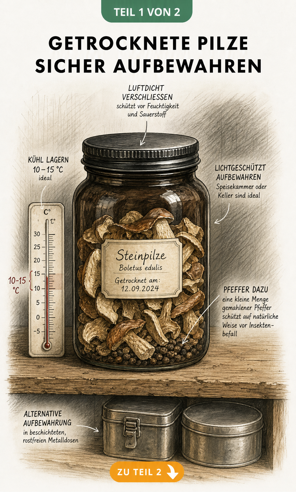 Illustration eines Apothekerglases mit getrockneten Steinpilzen auf einem Holzregal, mit Thermometer und Pfeffer zur sicheren Lagerung
