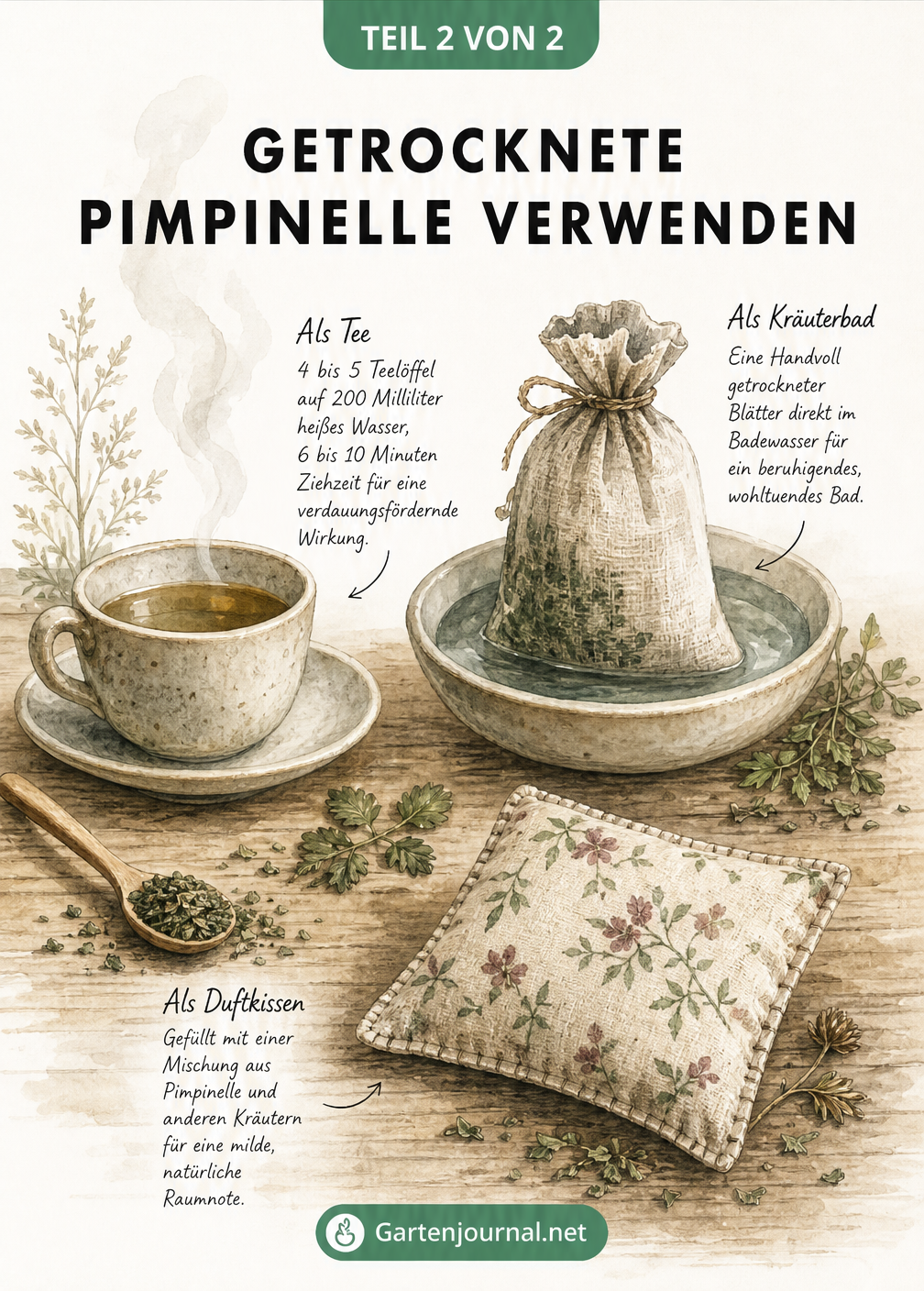 Illustration einer Teetasse, eines Kräuterbads und eines Duftkissens mit getrockneter Pimpinelle.