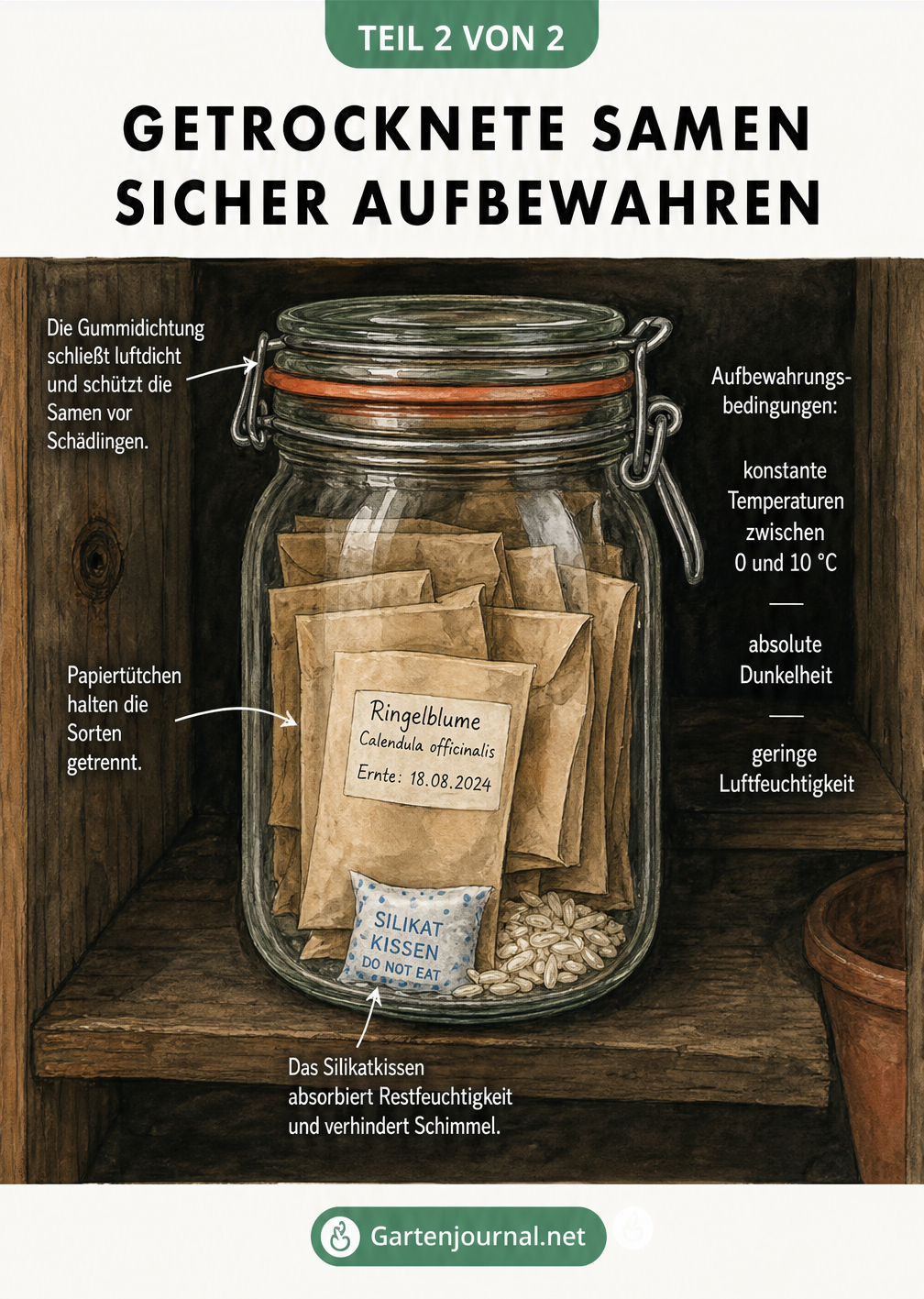 Schnittzeichnung eines Einweckglases mit Papiertütchen und Silikatkissen zur Lagerung von Samen